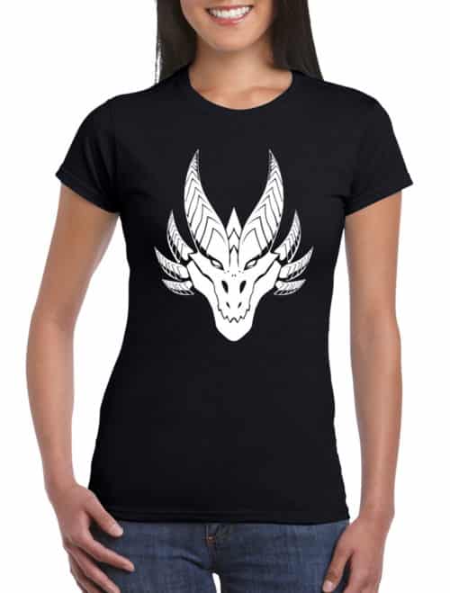 Two-sided Clothing, Ladies Black Fantasy T-Shirt White Dragon Head and Wings Front