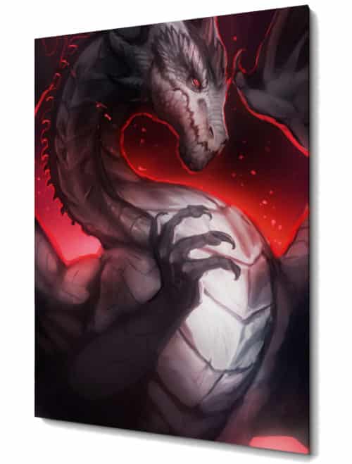Canvas Print Wall Art- Evil Black Red-Eyed Dragon On Red Fire Background, Fantasy Home Decor