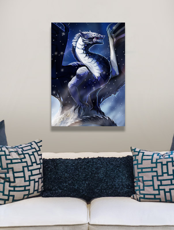 Fantasy Canvas Print White ice blue dragon on arctic night snowy background for living room wall art, home decor - Dragnarok Kartus