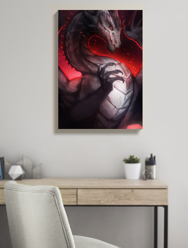 Fantasy Canvas Print Angry Evil Dark Black Red-Eyed dragon fire bedroom wall art, home decor