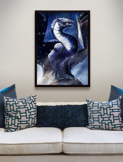 Fantasy Poster Print White ice blue dragon on arctic night snowy background for living room bedroom wall art, home decor - Dragnarok Kartus
