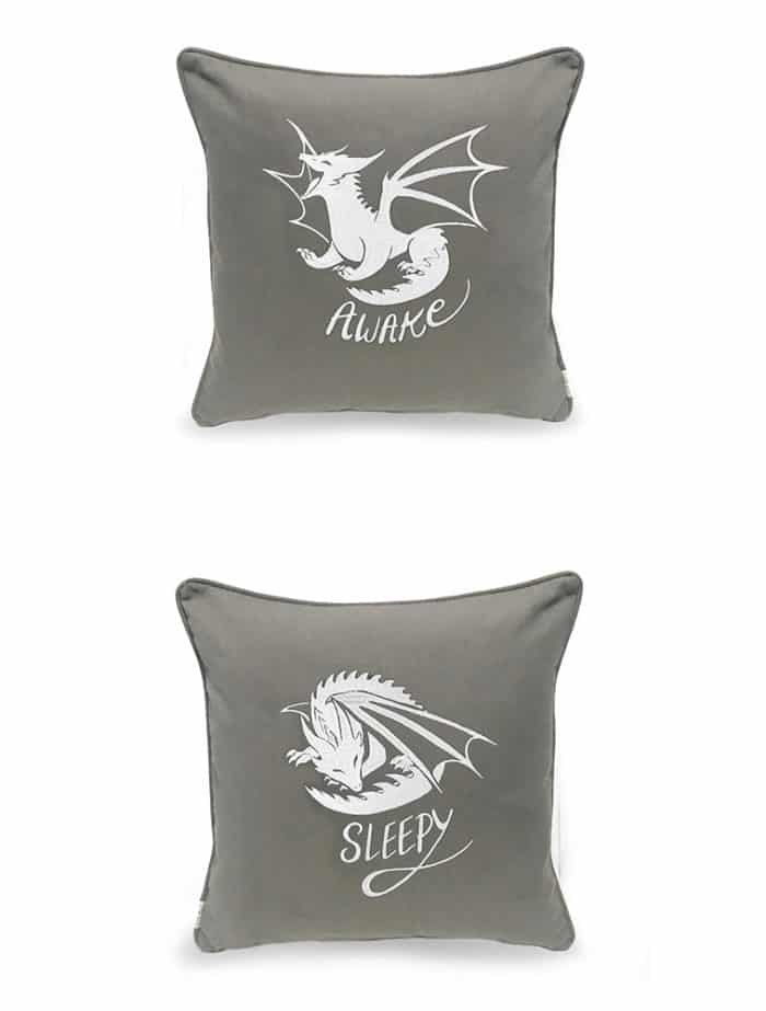 Fantasy Embroidered Print Sleepy Awake Dragon Cushion Pillow Two Sided Grey Color