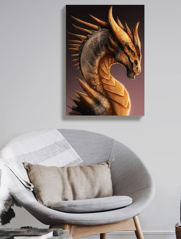 Fantasy Canvas Print Brown Bronze Green-Eyed Wise dragon living room wall art, home decor