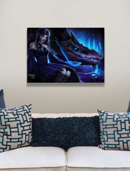 Fantasy Canvas Print Angry Dark Purple Blue-Eyed dragon with sorceress living room wall art, home decor