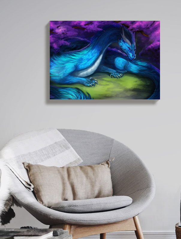 Fantasy Canvas Print Blue Purple-Eyed lung dragon in Japanese Garden Cherry Tree living room wall art, home decor