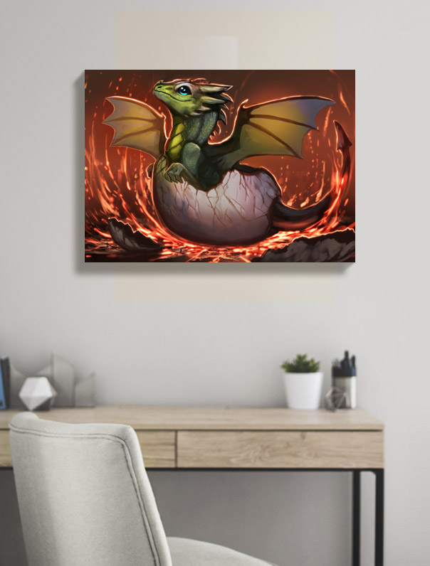 Fantasy Canvas Print Green Blue-Eyed Small Baby dragon hatching from egg with fire bedroom wall art, home decor