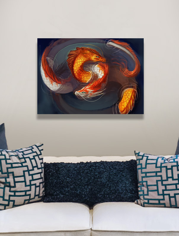 Fantasy Canvas Print Two orange red white koi fish japanese lung dragon in water pond living room wall art, home decor