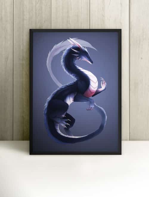 Fantasy dark purple blue chinese lung dragon framed poster picture for living room, bedroom wall art, home decor, fantasy