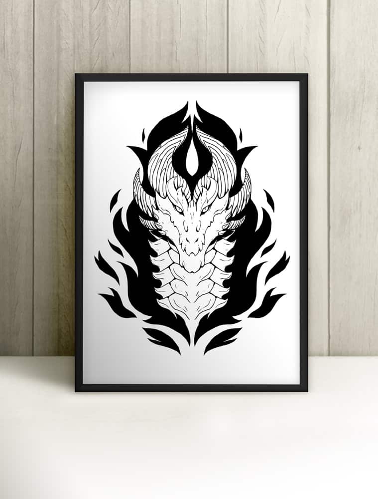 Fantasy ink black and white dragon framed poster picture for living room, wall art, home decor