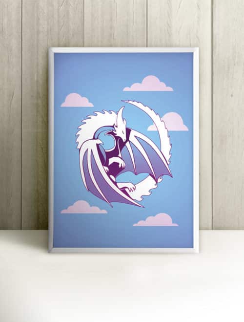 Fantasy cute white baby dragon, blue sky and clouds in the background framed poster print picture for kids room, bedroom, nursery wall art, home decor, baby shower