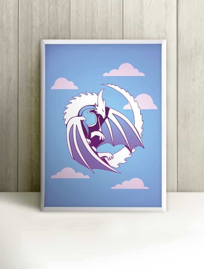 Fantasy cute white baby dragon, blue sky and clouds in the background framed poster print picture for kids room, bedroom, nursery wall art, home decor, baby shower