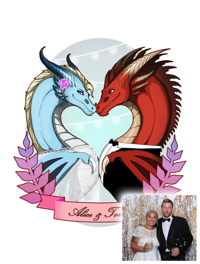 Custom portrait, dragon couple, wedding gift, digital personalized fantasy cartoon drawing. Graduation, birthday, namesday, mothersday ocasion family gift wall art