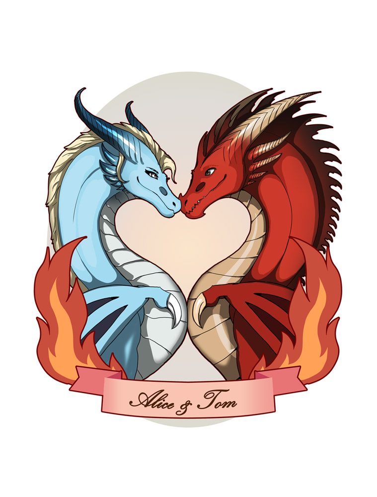 Dragon couple, digital personalized drawing Custom Valentine Day portrait